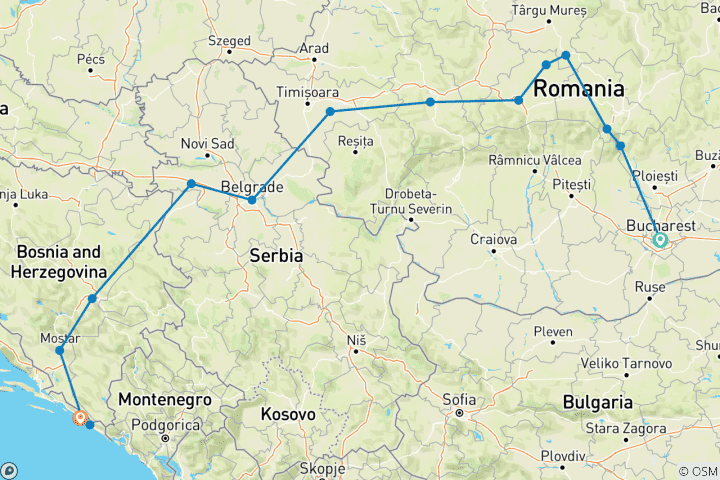 Carte du circuit Péninsule des Balkans (15 destinations)