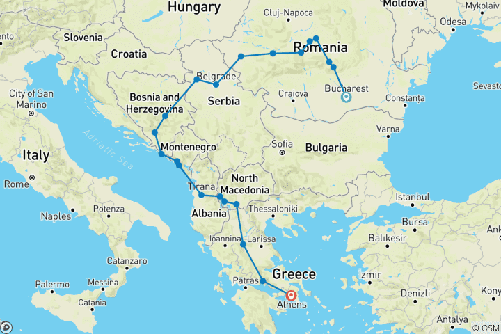 Carte du circuit Capitales des Balkans (44 destinations)