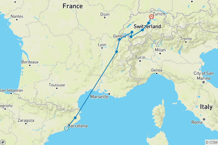 Map of Barcelona to Zurich