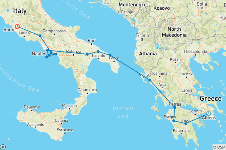 Carte du circuit Athènes, péninsule, cœur de l'Italie avec Sorrente