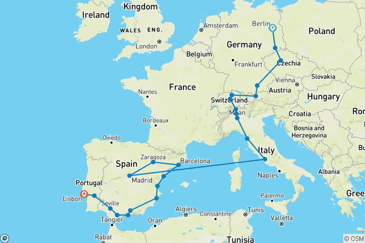 Kaart van Continentaal Europa (24 bestemmingen)