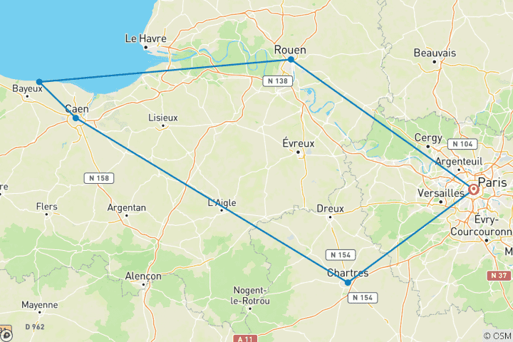 Map of Brittany and Normandy with Paris (6 destinations)