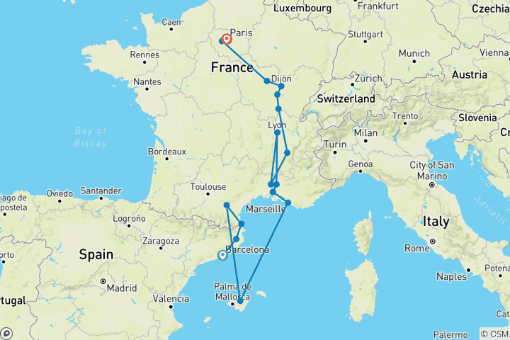 Map of Catalonia, Provence, Burgundy with Paris (17 destinations)