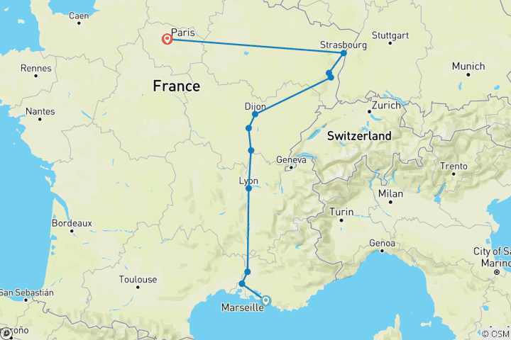 Map of Cote d Azur, Burgundy and Alsace (11 destinations)