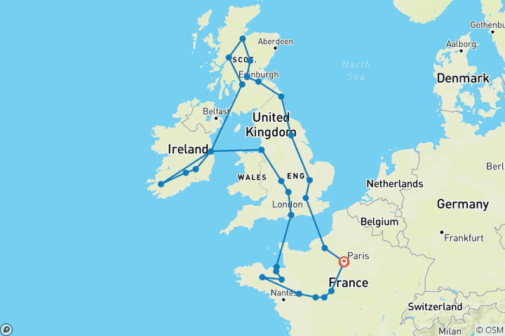 Carte du circuit Les îles britanniques avec la Bretagne et les châteaux de la Loire