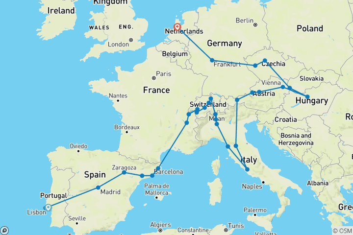 Carte du circuit Contrastes de l'Europe (32 destinations)