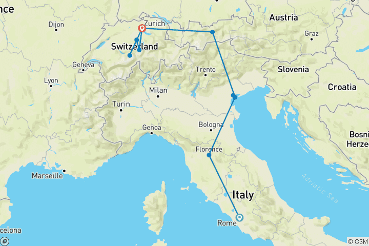 Kaart van Klassiek Italië & Zwitserland (13 bestemmingen)