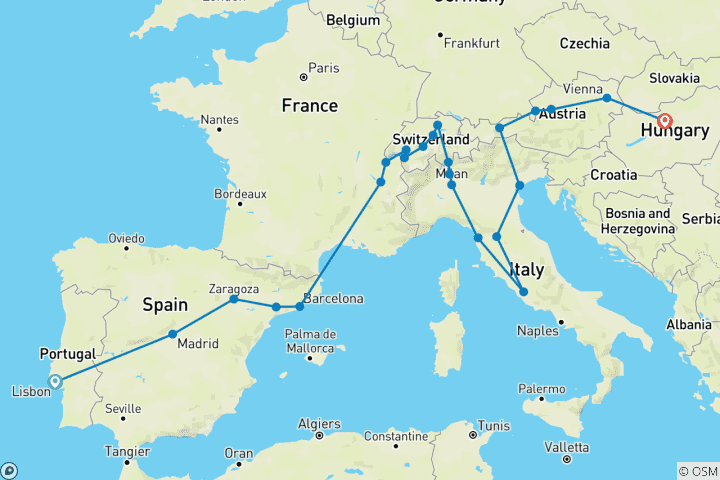 Carte du circuit L'Europe d'Ouest en Est fin Budapest (24 destinations)