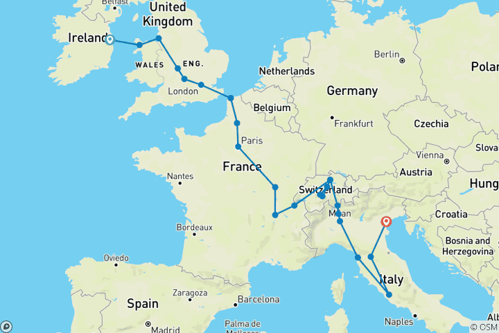 Map of Crossing Europe (24 destinations)
