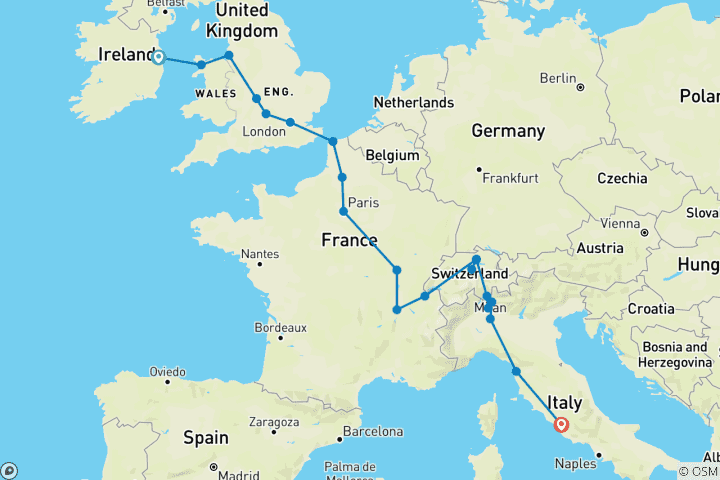 Map of Crossing Europe end Rome (21 destinations)