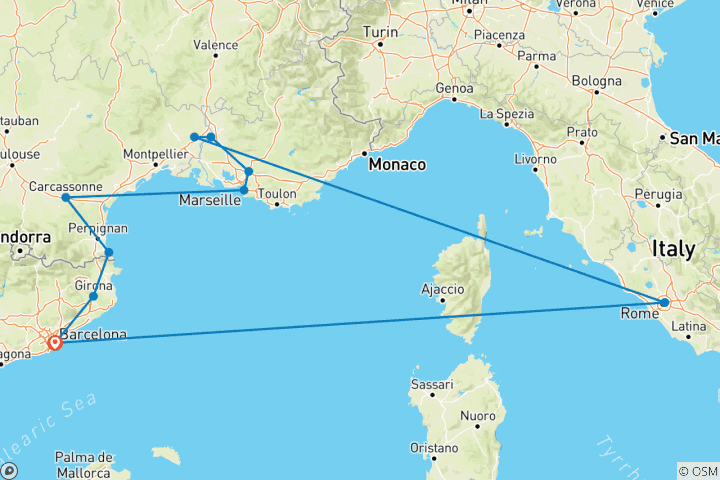 Carte du circuit Catalogne, sud de la France et Provence (10 destinations)