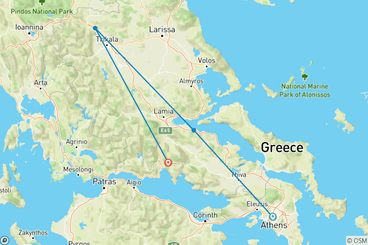 Carte du circuit Athènes et la Grèce du Nord avec Meteoras (from Athènes to Delphi)