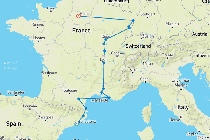 Carte du circuit Catalogne, sud de la France, Bourgogne et Alsace (15 destinations)