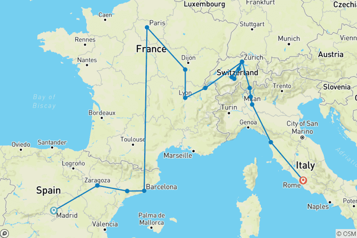 Carte du circuit Merveilles européennes (18 destinations)