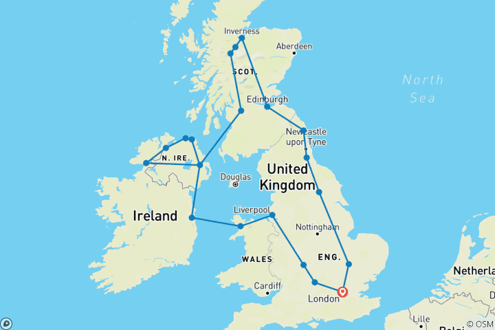 Carte du circuit Grande route britannique et irlandaise avec Londres