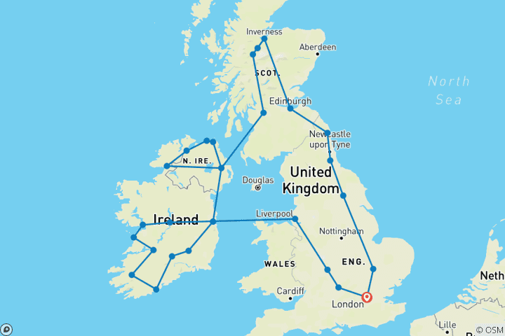 Carte du circuit Grande route britannique et île d'émeraude (32 destinations)