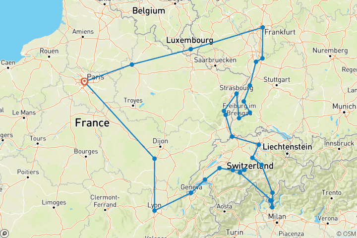 Carte du circuit France et Suisse avec Alsace et Forêt Noire (32 destinations)