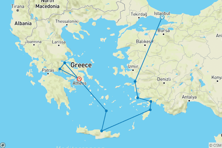 Map of Greco-Turkish passion with Greek islands and northern Greece (10 destinations)