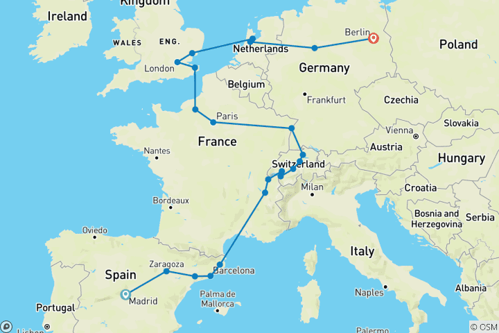 Carte du circuit Meilleures vacances en Europe (22 destinations)