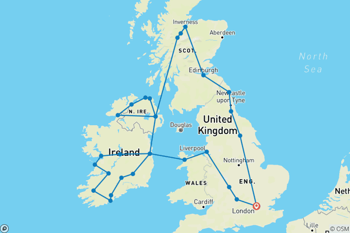Carte du circuit Grande route britannique et île d'émeraude avec Londres