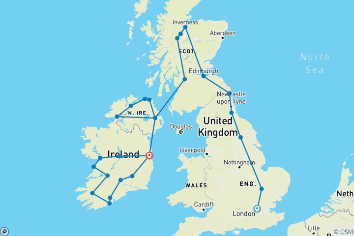 Carte du circuit Grande Route Britannique et Irlande du Nord au Sud avec Londres, finissant à Dublin