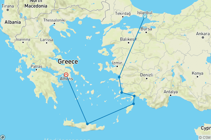 Carte du circuit Passion gréco-turque avec Crète et Athènes (7 destinations)