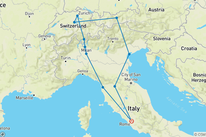 Carte du circuit Italie et Suisse ROT (11 destinations)