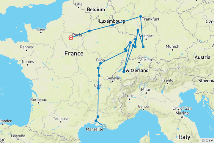 Carte du circuit Côte d'Azur, Bourgogne, Alsace et Forêt Noire (20 destinations)