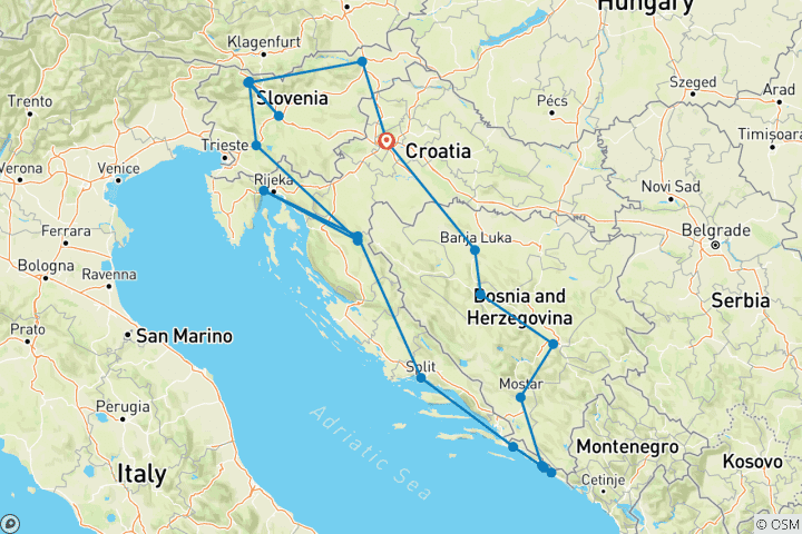 Map of Croatia, Bosnia and Slovenia (19 destinations)