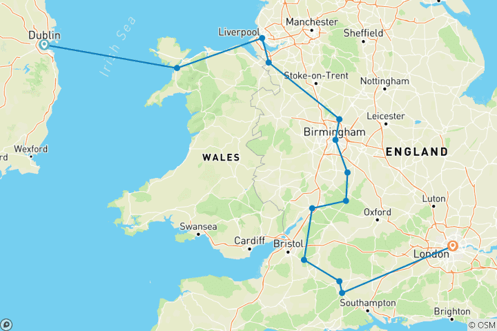 Carte du circuit De Dublin au sud de l'Angleterre