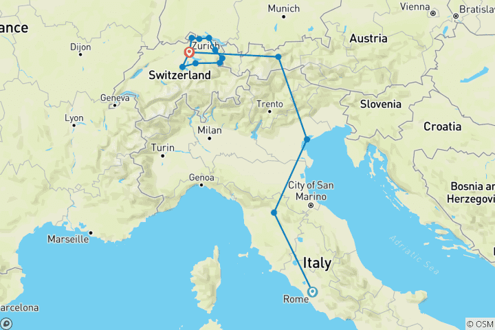 Karte von Panorama Italiens und der Schweiz (14 Destinationen)