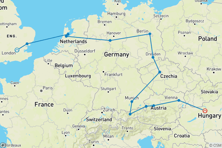 Carte du circuit De Londres à Budapest