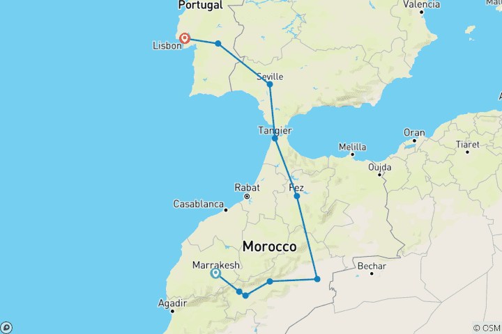 Mapa de De Marrakech a Lisboa (10 destinations)