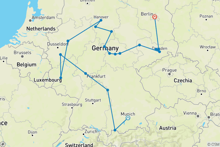 Carte du circuit De la Bavière à Berlin (19 destinations)