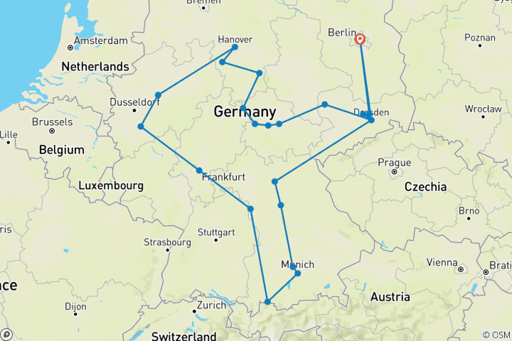 Carte du circuit Itinéraire des grandes villes et des châteaux avec Berlin (including Hamelin)