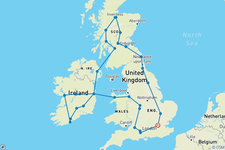 Carte du circuit Londres, les Highlands, l'Irlande et le sud de l'Angleterre (34 destinations)