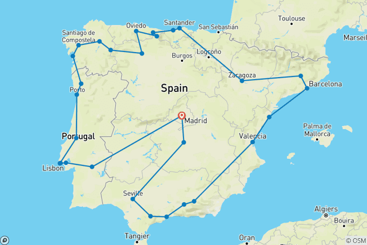 Kaart van Grote Iberische rondreis (38 bestemmingen)