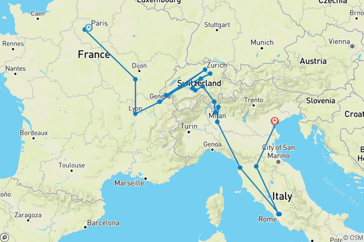Carte du circuit L'Europe harmonieuse (from Paris to Mestre)