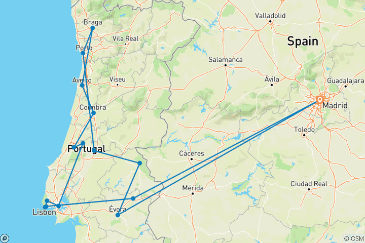 Carte du circuit Nord et sud du Portugal (16 destinations)