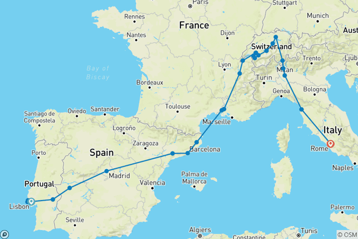 Kaart van Reis van Lissabon naar Rome (31 bestemmingen)