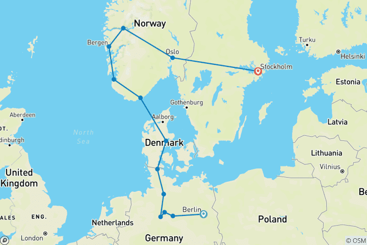 Carte du circuit Allemagne du Nord et Scandinavie, jusqu'à Stockholm (13 destinations)
