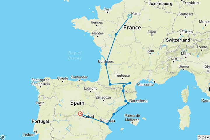 Carte du circuit Paris, Lourdes et Madrid