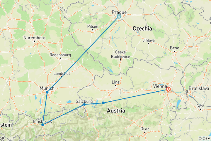 Map of Prague, Munich and Austria