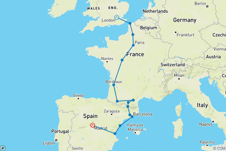 Karte von Von London bis Madrid