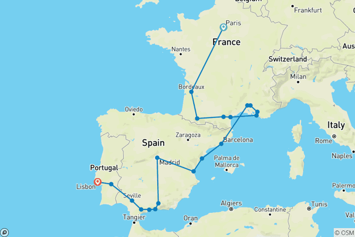 Map of Paris, Lourdes, Côte d Azur, Provence with Spain and Lisbon (20 destinations)