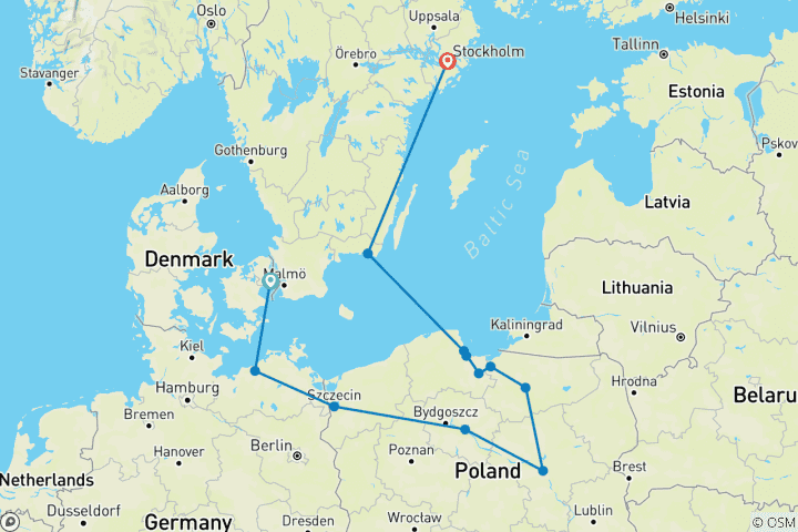 Carte du circuit Les joyaux nordiques et la Pologne, fin à Stockholm