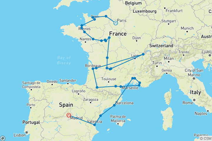 Map of Normandy, all of France and Spain (30 destinations)