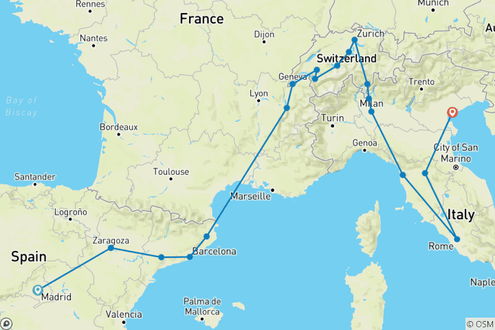 Kaart van Zuid-Europa (19 bestemmingen)