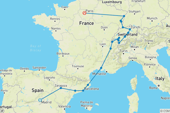 Karte von Spanien und die Schweiz mit dem verwunschenen Elsass (20 Destinationen)