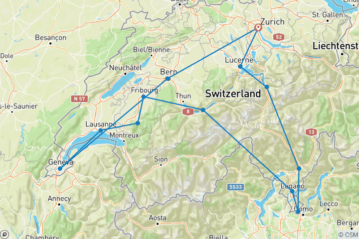 Map of Swiss Capitals (13 destinations)